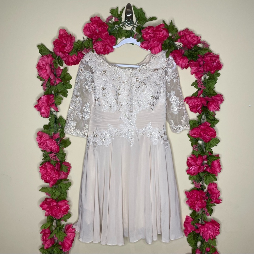 Chong Xiao Style 07412 Nude Floral Lace Pleated Dress Size S NEW